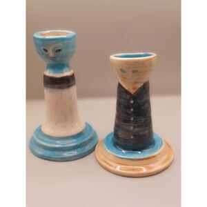 Arts and Crafts Studio Art Pottery "Picasso Style" Man & Woman Candlestick Set